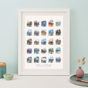 25th Anniversary or Birthday Watercolour Favourite Places Memories Print