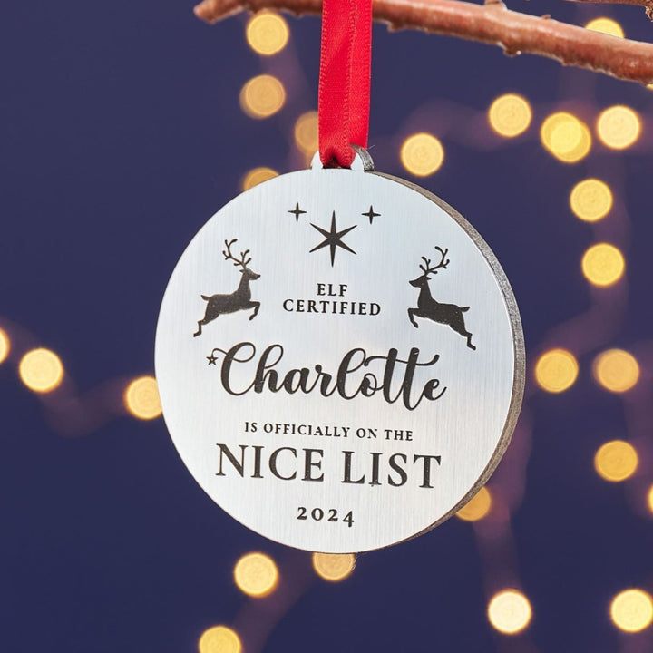 Silver engraved Nice List decoration, personalised Christmas stocking filler.