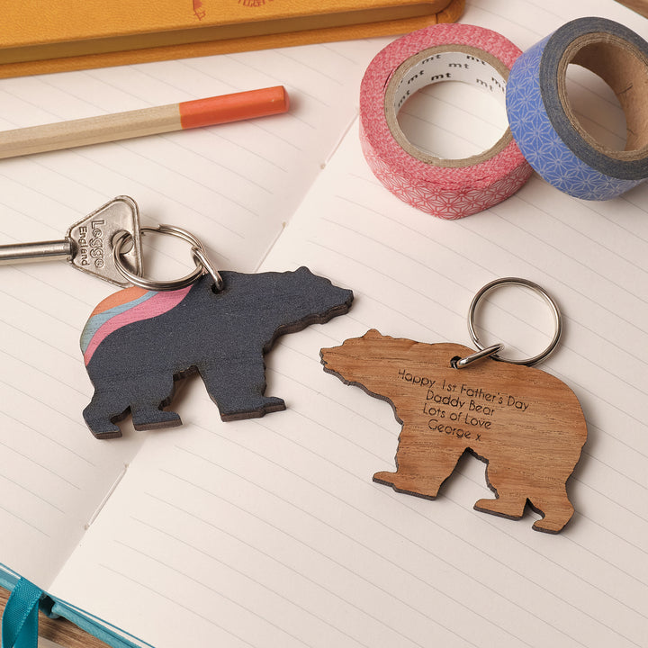 Unique Father’s Day present – wooden bear keyring with engraved personalised message - a keepsake gift from child to daddy.
