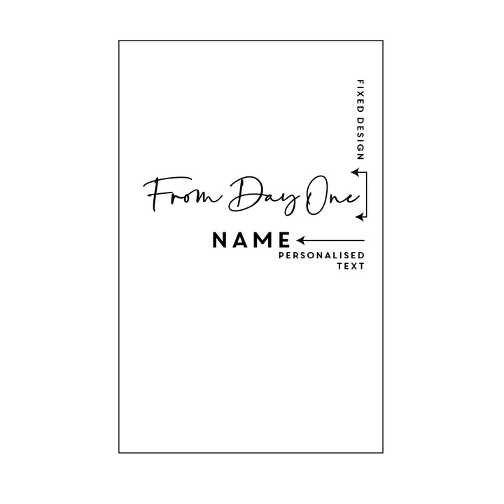 An annotated drawing of a notebook showing which parts are to be personalised.