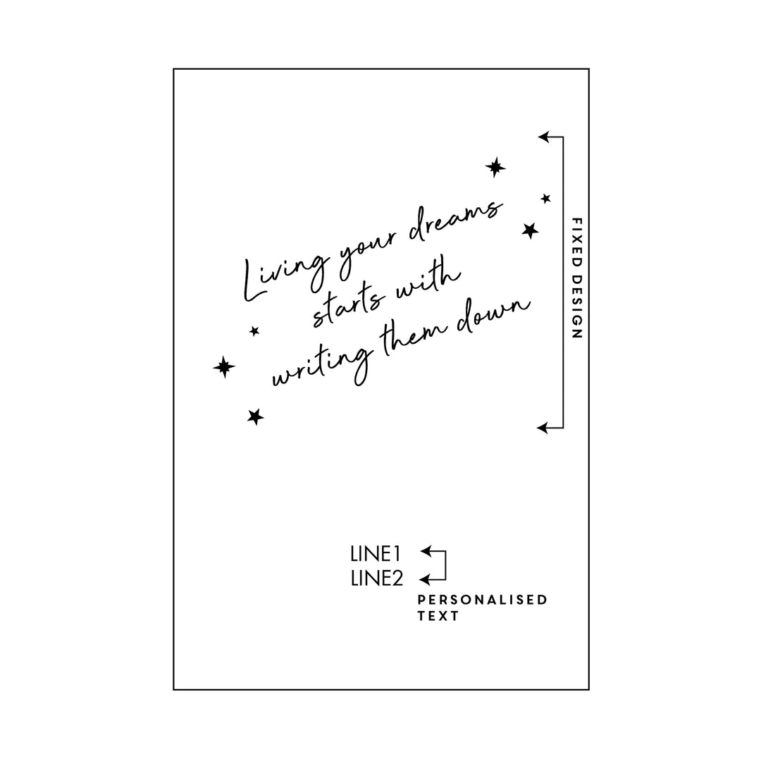 An annotated drawing of a notebook showing which parts are to be personalised.