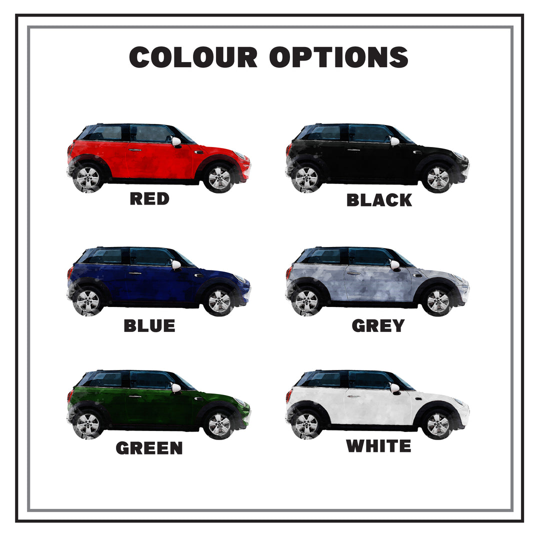 Colour options for a Mini car keyring options of red, black, blue, gray, green, and white models.