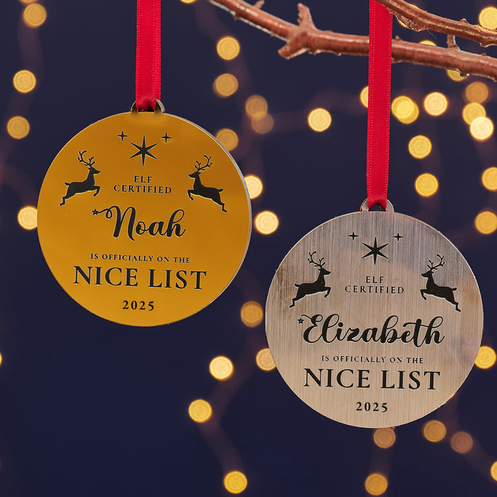 Elf-certified metallic Christmas bauble, personalised holiday ornament.