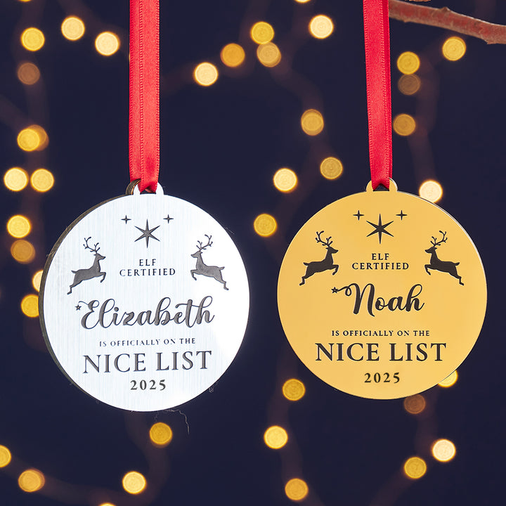 Elf-certified metallic Christmas bauble, personalised holiday ornament.