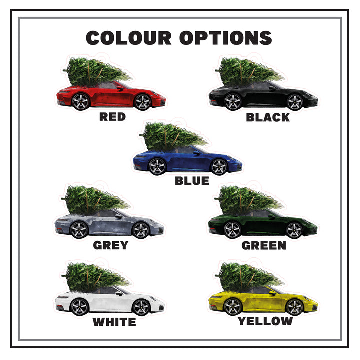Red, Black, Blue, Grey, Green, White, Yellow, Porsche 911 car lover colour options for wooden Christmas tree decoration gift for him.