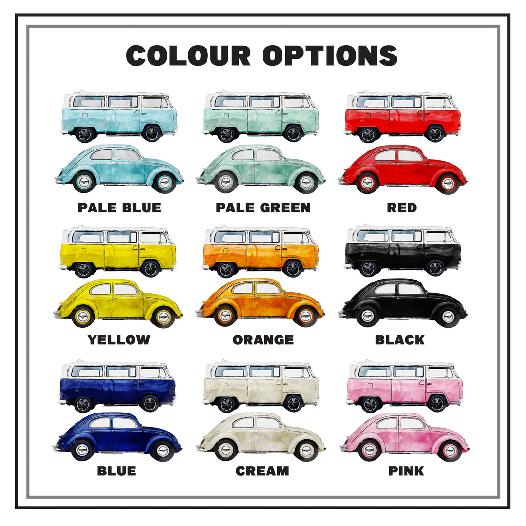 Colour options chart for VW Beetle and camper van vintage cars and vans with labelled colours. Options are pale blue, pale green, red, yellow, orange, black, blue, cream, and pink.