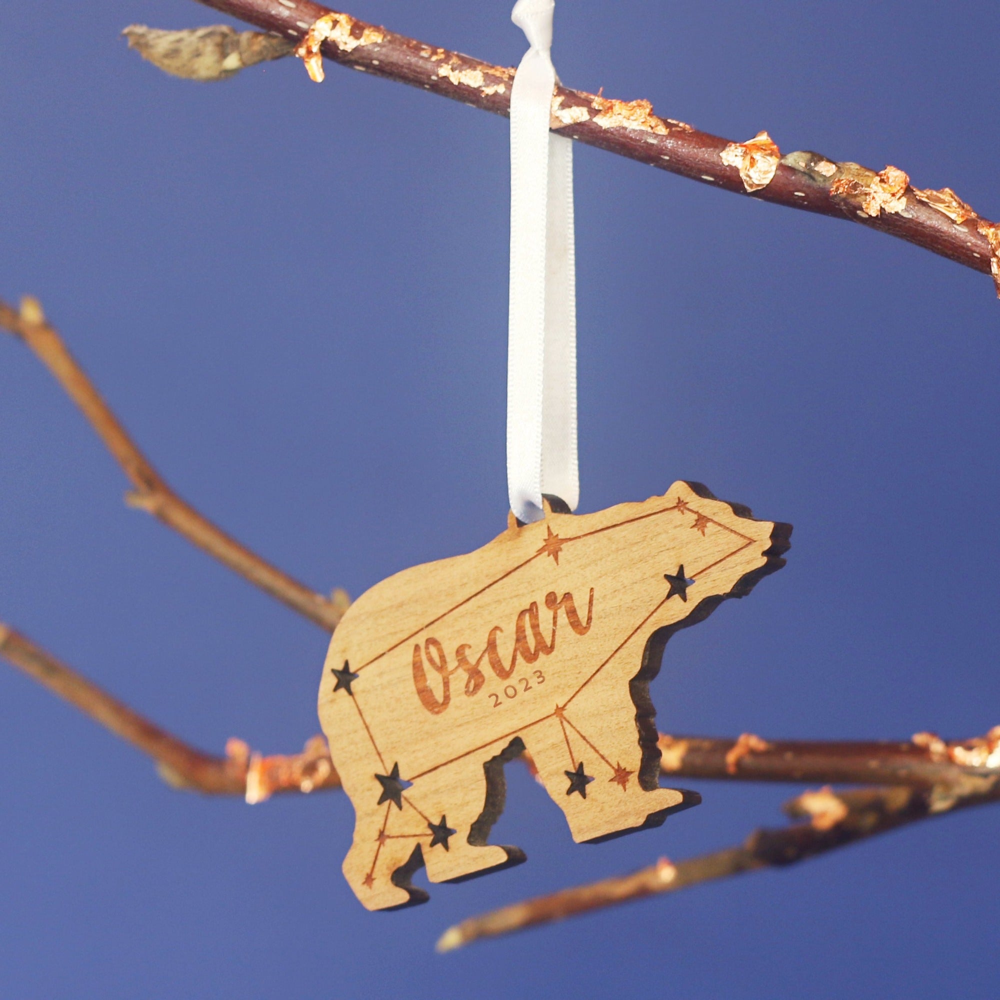 Personalised wooden Christmas decoration in the shape of a polar bear
