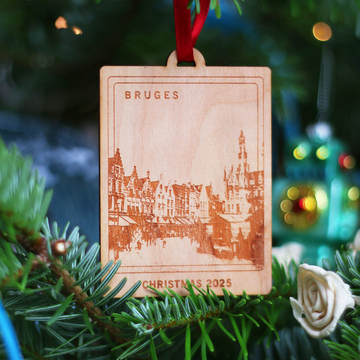 Christmas market memory wooden tree decoration ornament with 'Bruges' design on a Christmas tree, fabulous gift for travellers and explorers this Christmas.