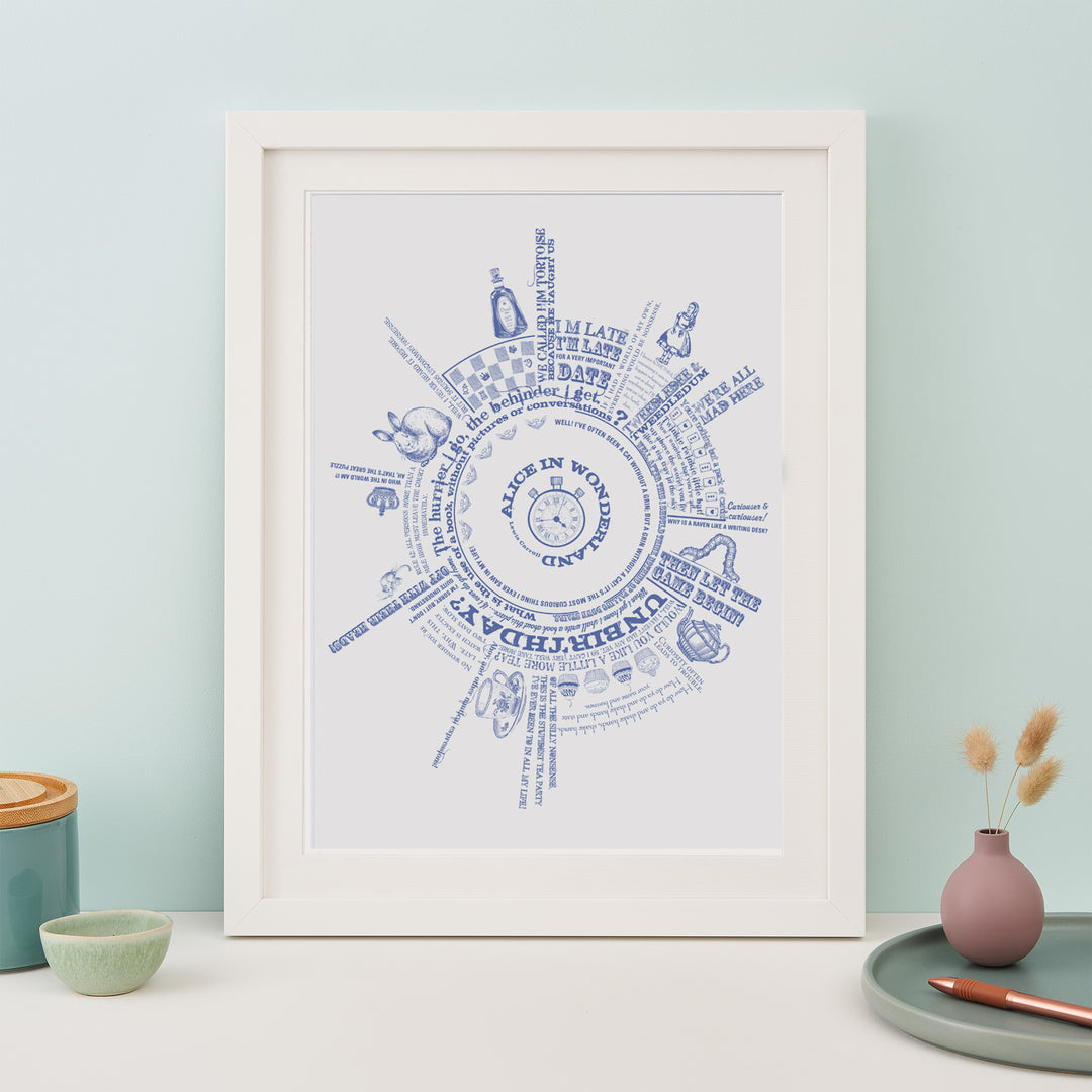 Framed print with blue typographic text printed in a circular design with quotes from the book Alice in Wonderland