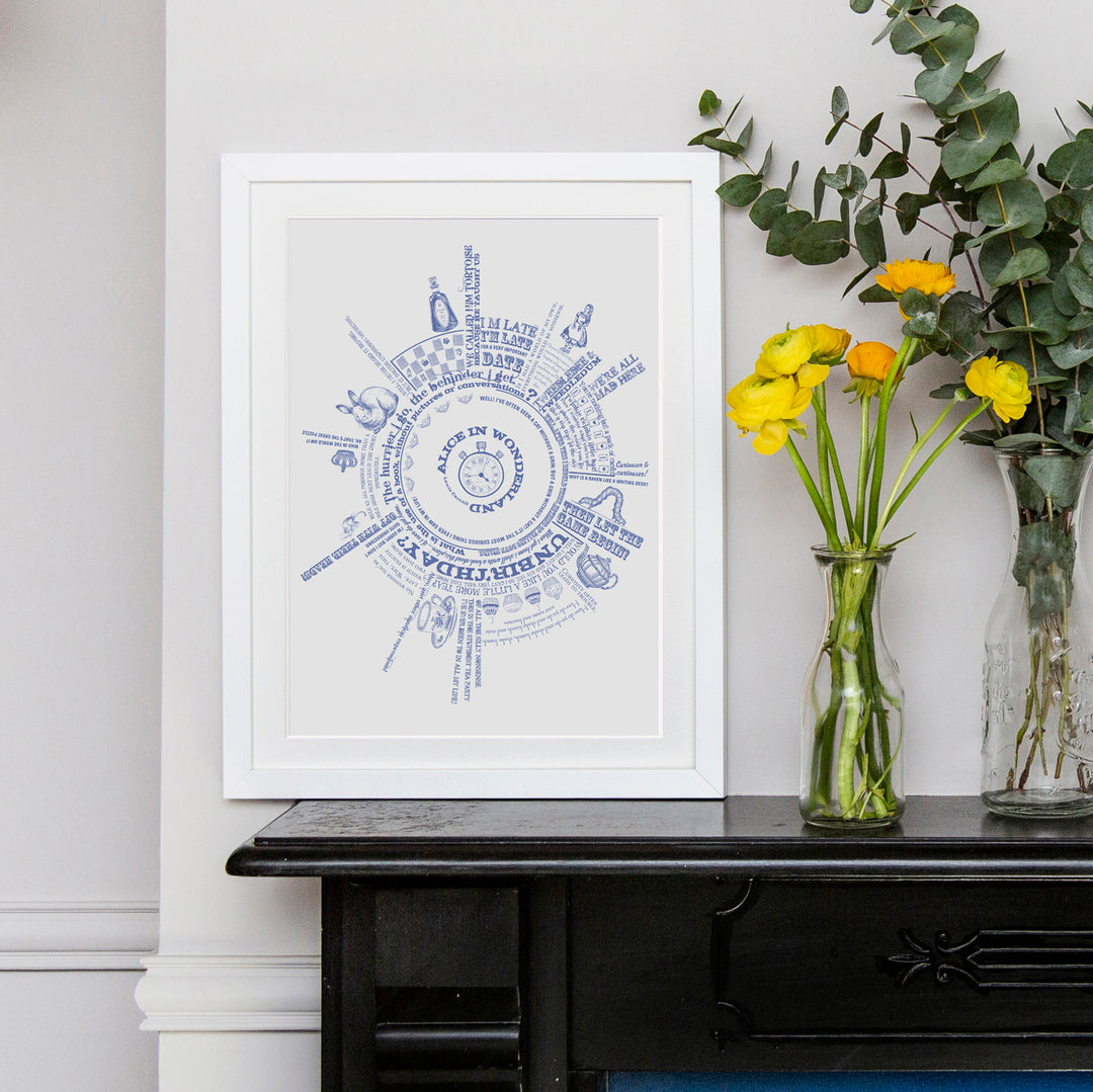 Framed print with blue typographic text printed in a circular design with quotes from the book Alice in Wonderland