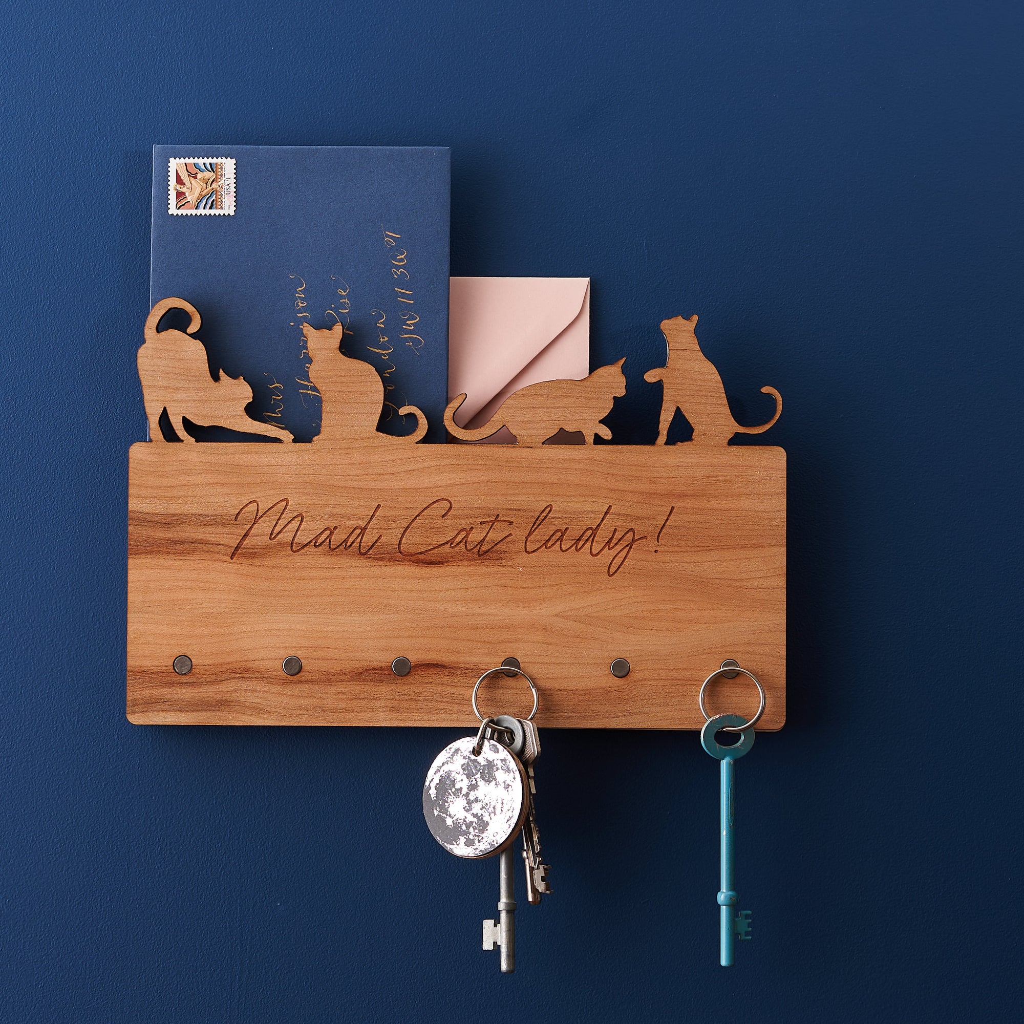 Personalised Cat Wooden Key Holder And Letter Rack