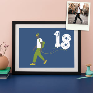 Blue and green silhouette of a man holding number 18 balloons with the original photograph shown