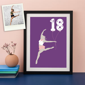 Purple and pink silhouette of a ballet dancer holding number 18 balloons with the original photograph shown