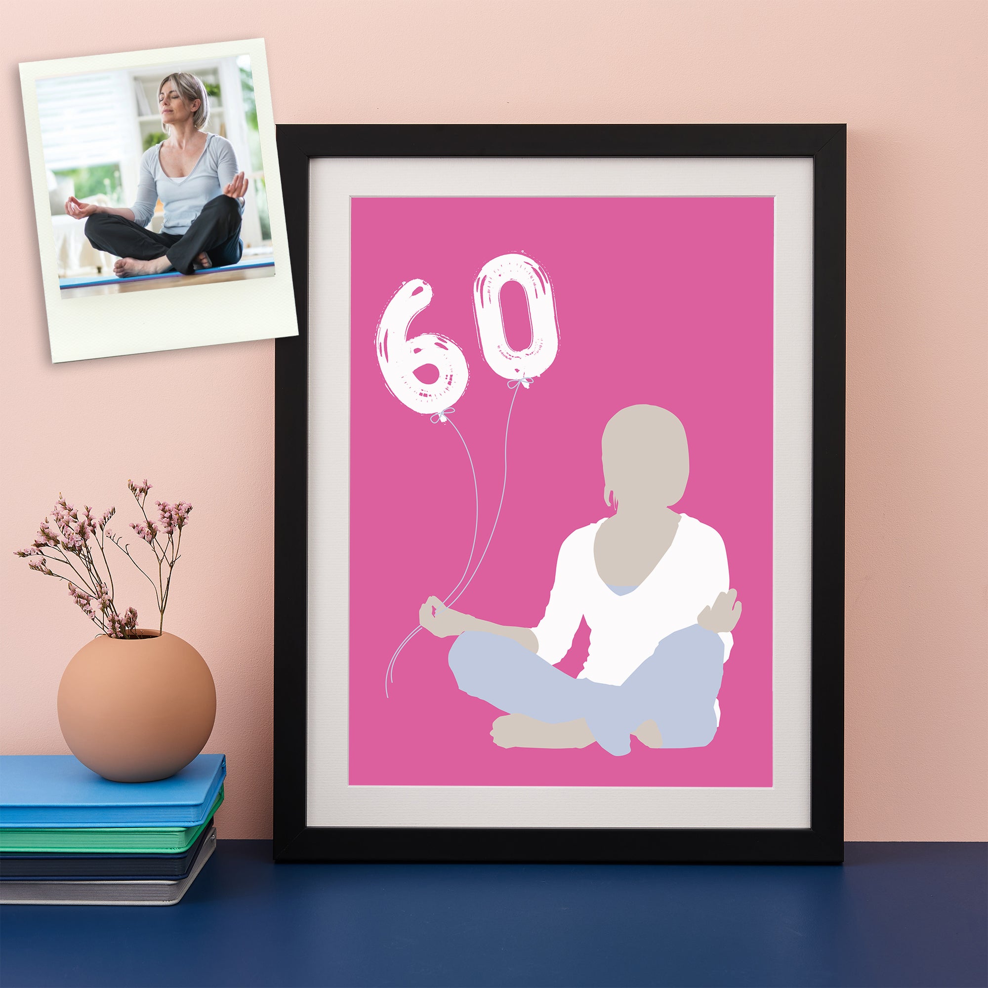 Colour pop modern silhouette image of a man sitting on a chair holding balloons saying 60