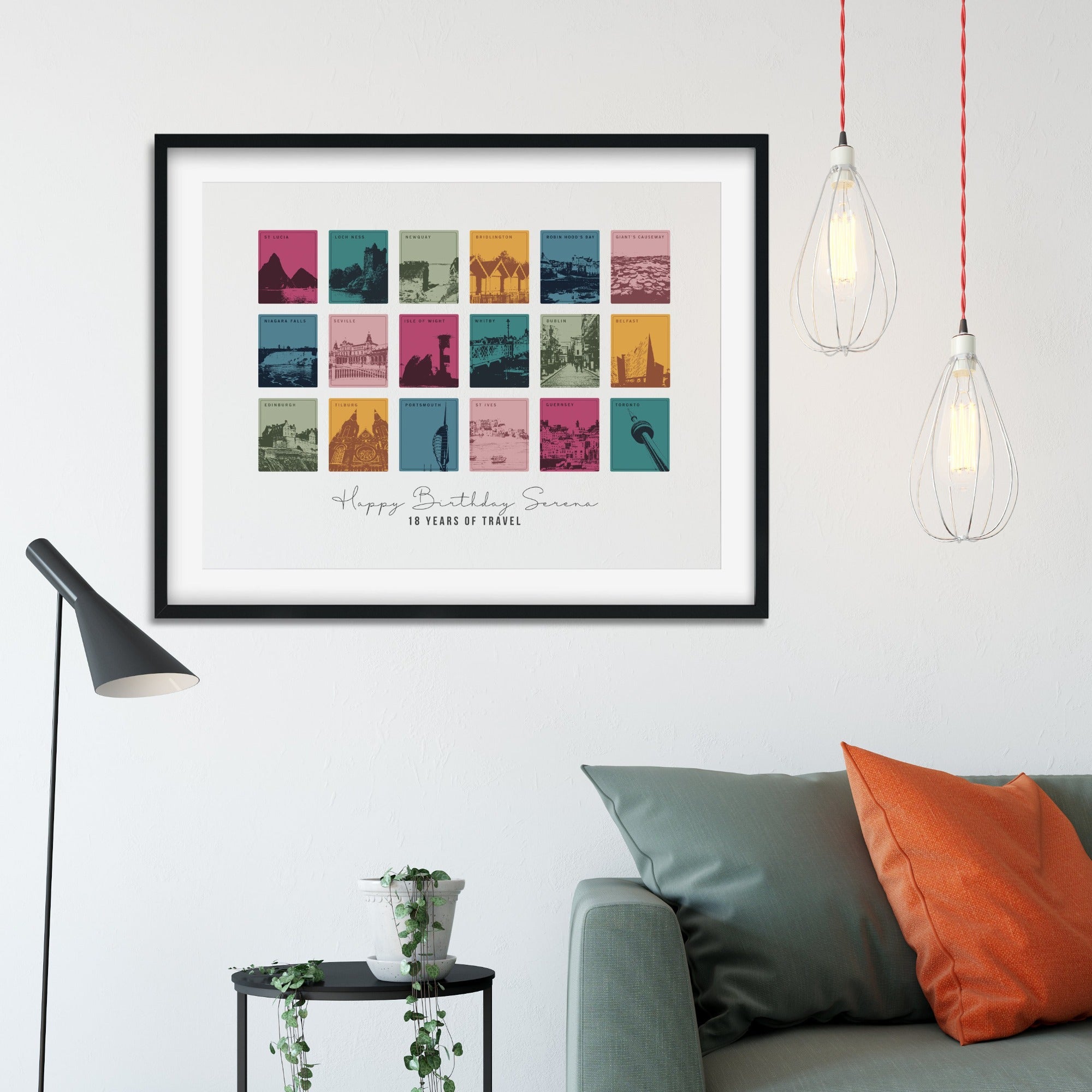 Large black framed print of 18 coloured designs showing different locations around the world in the summer colourway