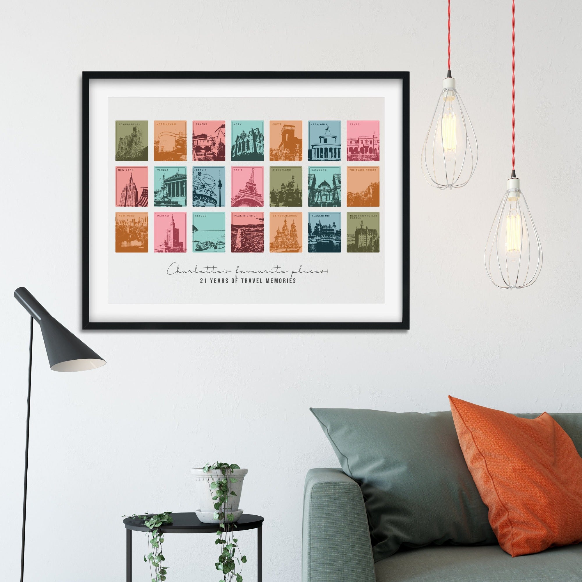Large black framed print of 21 coloured designs showing different locations around the world in the Summer colourway