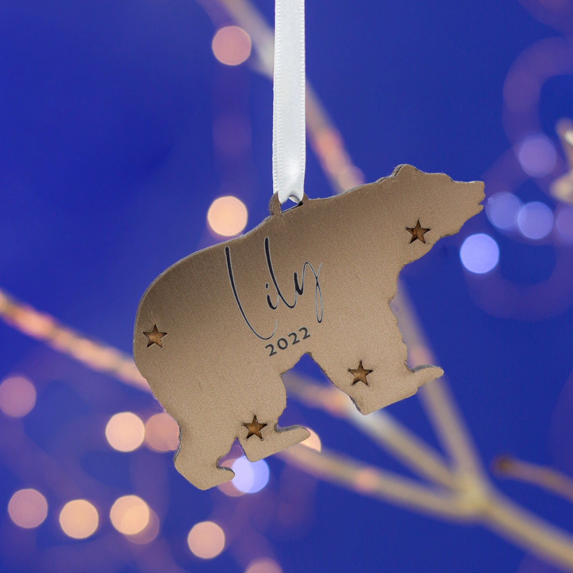 Bronze coloured polar bear Christmas tree decoration engraved with a name and a year