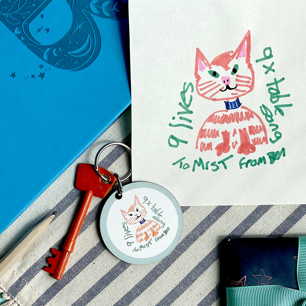 Picture of a child's felt tip drawing and then a wooden keyring printed with the same drawing