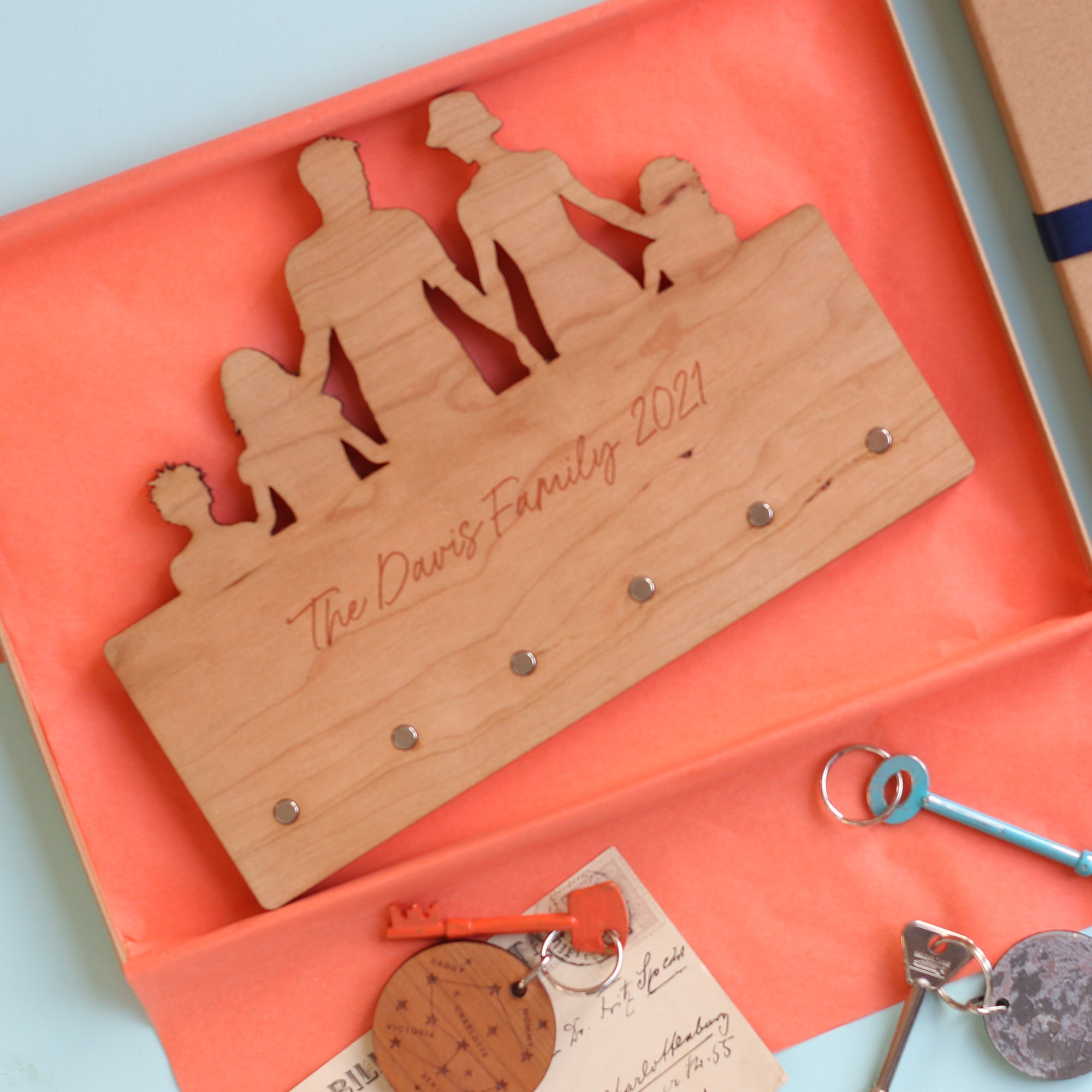 Family Silhouette Wooden Key Holder and Letter Rack