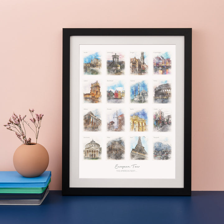 A framed print with 16 watercolor paintings of famous European landmarks. The text "European Tour" and the year "2019" are written below the images.