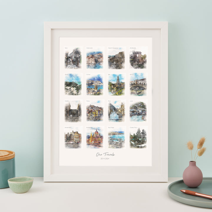 A framed print with 16 watercolor paintings of famous landmarks. The text "Our Travels" and the years "2014-2024" are written below the images.