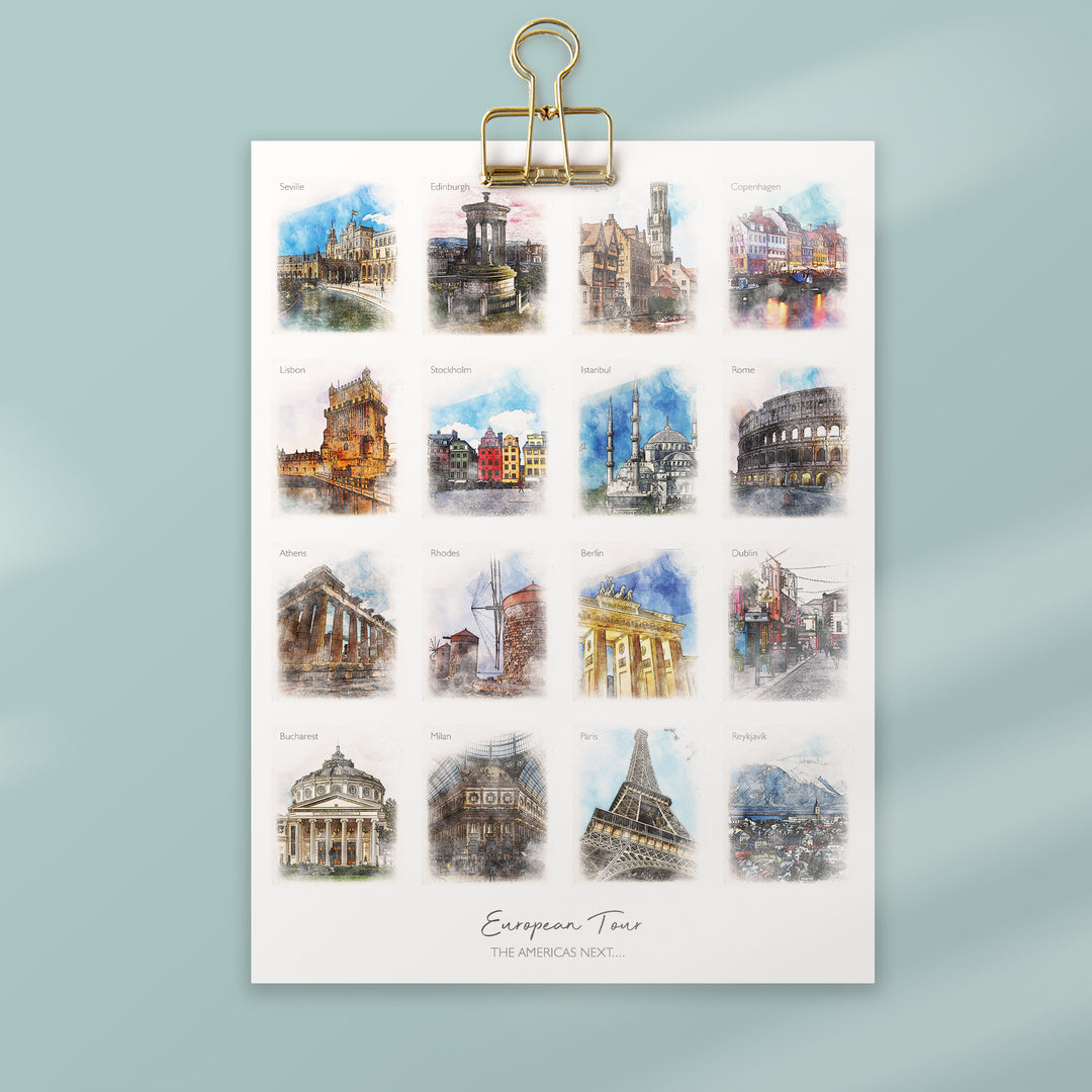 A framed print with 16 watercolor paintings of famous European landmarks. The text "European Tour" and the phrase "The Americas Next..." are written below the images.