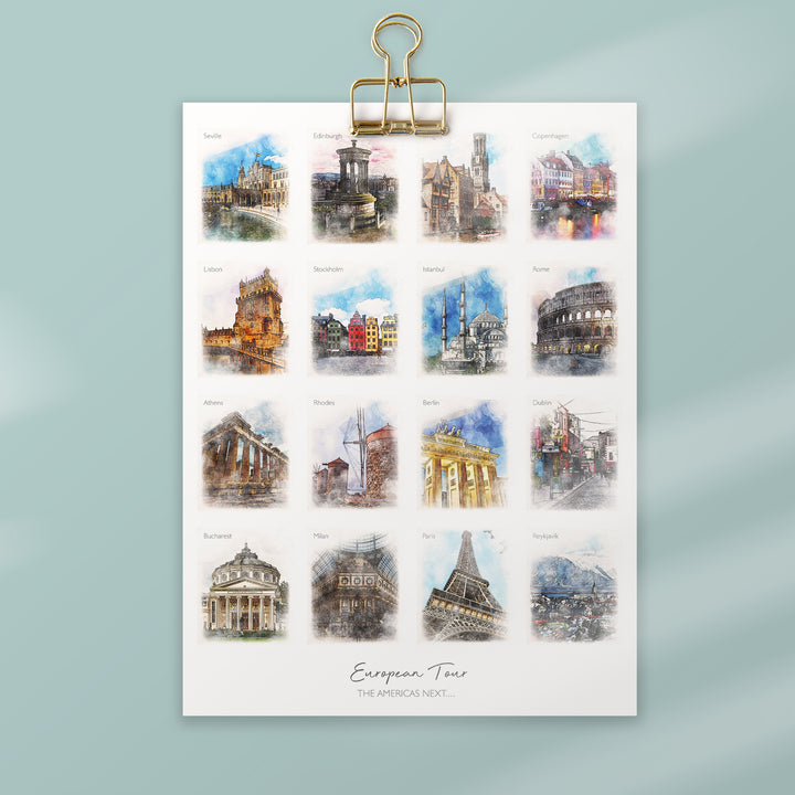 A framed print with 16 watercolor paintings of famous European landmarks. The text "European Tour" and the phrase "The Americas Next..." are written below the images.
