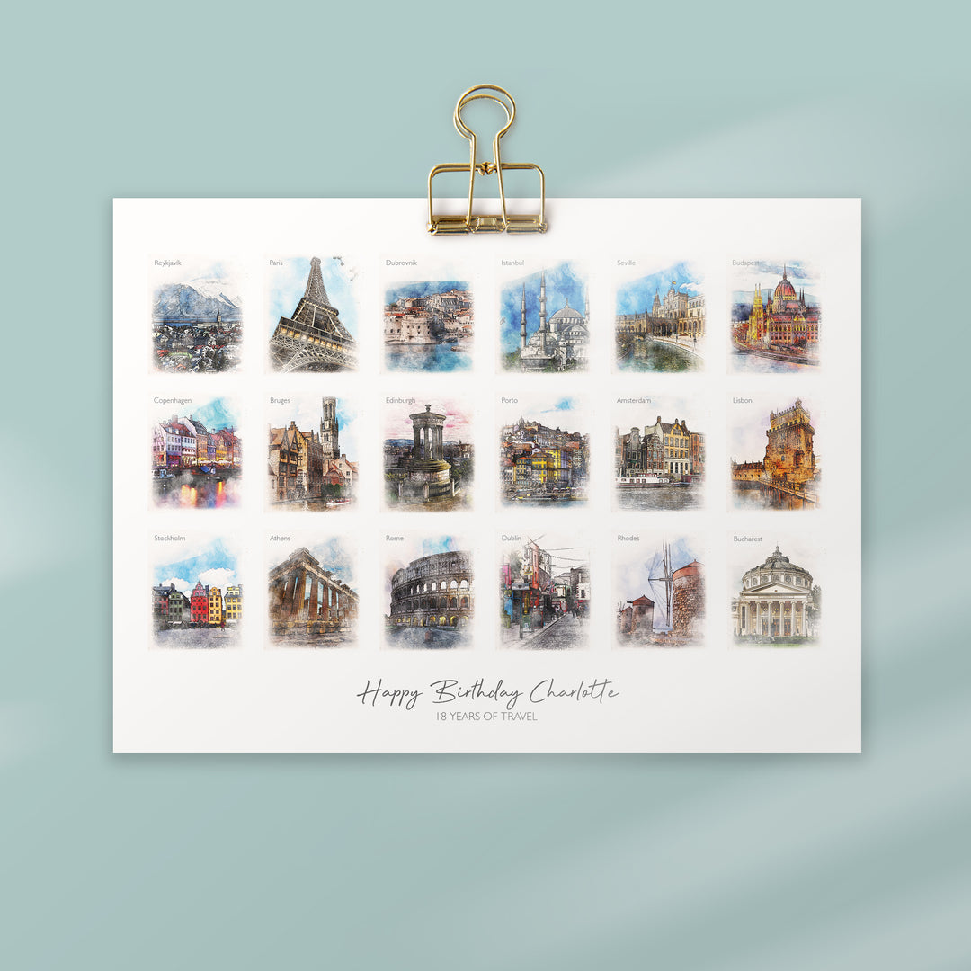 18th Birthday Watercolour Favourite Places Memories Print