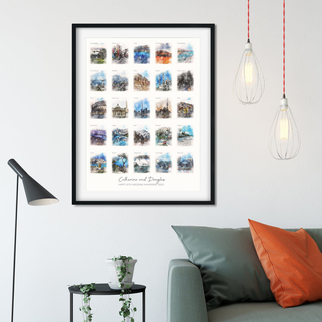 25th Anniversary or Birthday Watercolour Favourite Places Memories Print