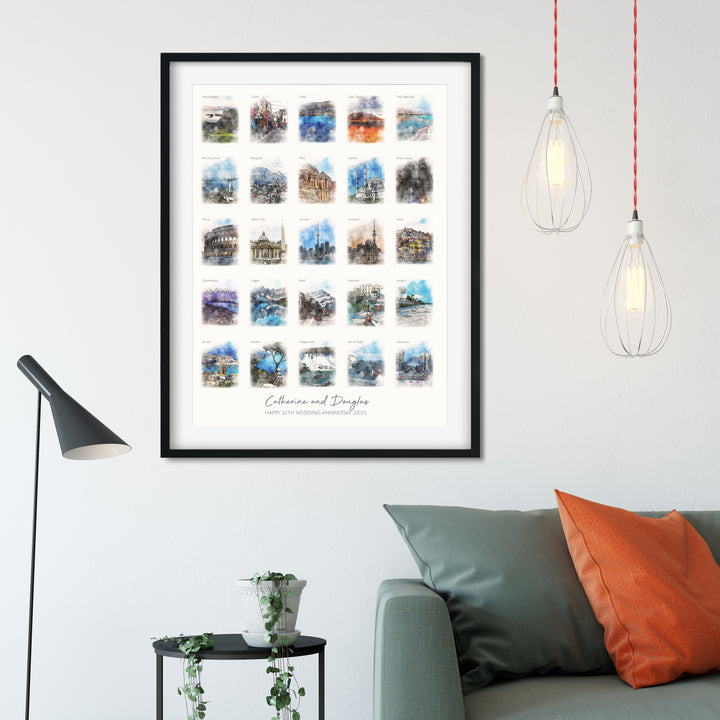 25th Anniversary or Birthday Watercolour Favourite Places Memories Print
