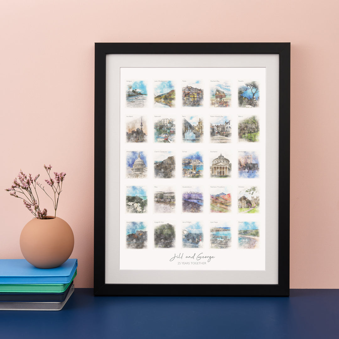 25th Anniversary or Birthday Watercolour Favourite Places Memories Print
