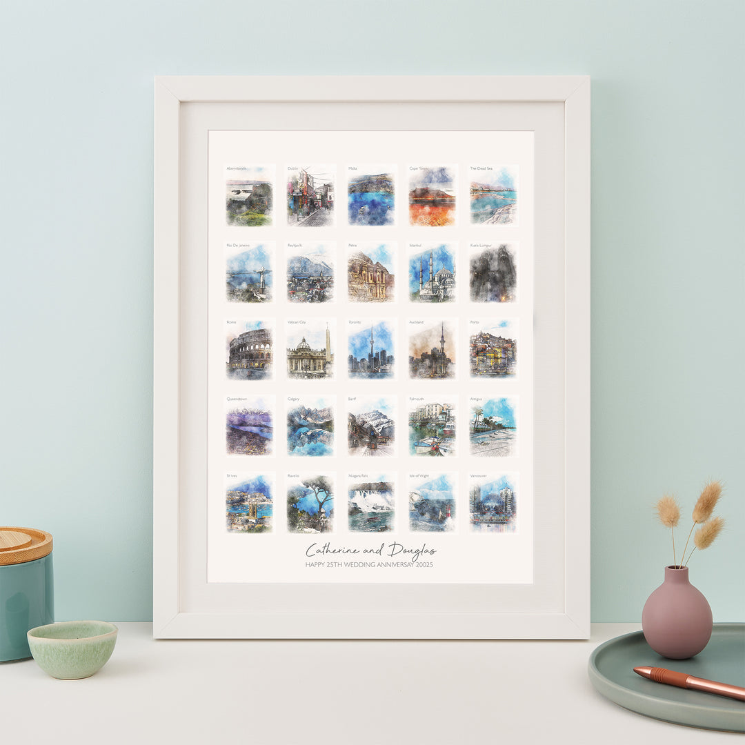 25th Anniversary or Birthday Watercolour Favourite Places Memories Print