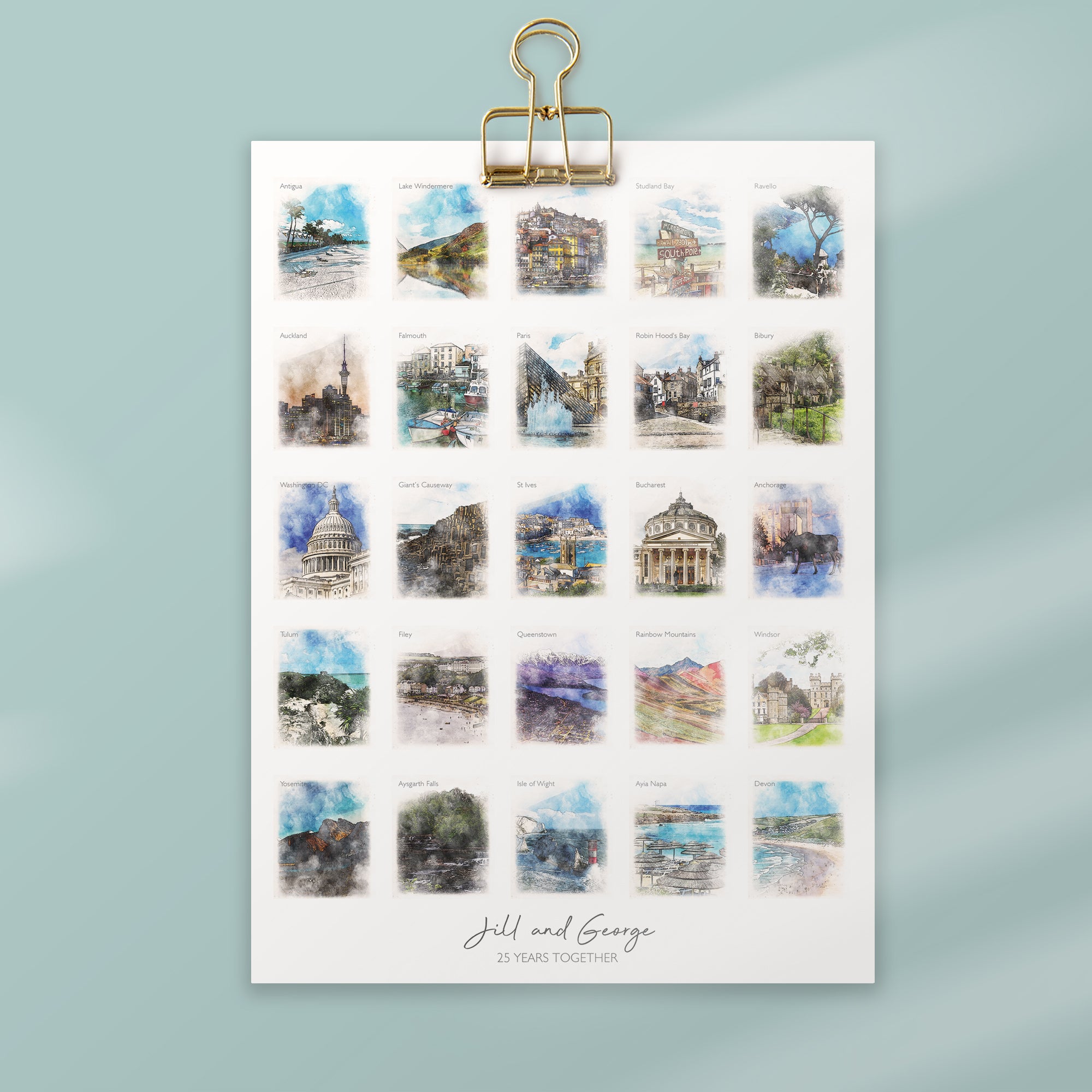 25th Anniversary or Birthday Watercolour Favourite Places Memories Print