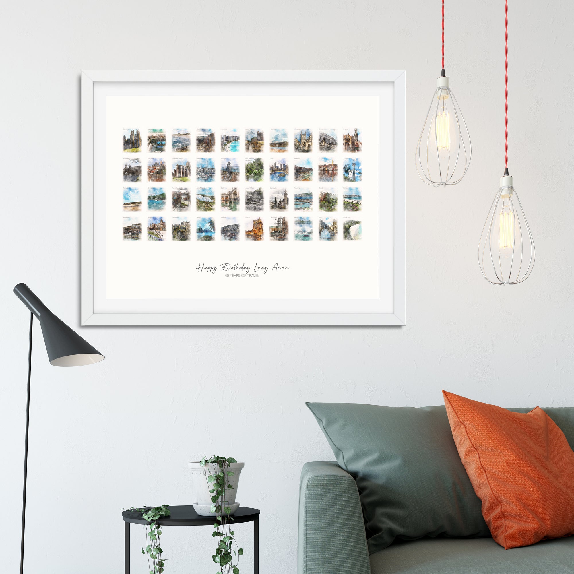 40th Birthday or Anniversary Watercolour Favourite Places Memories Print