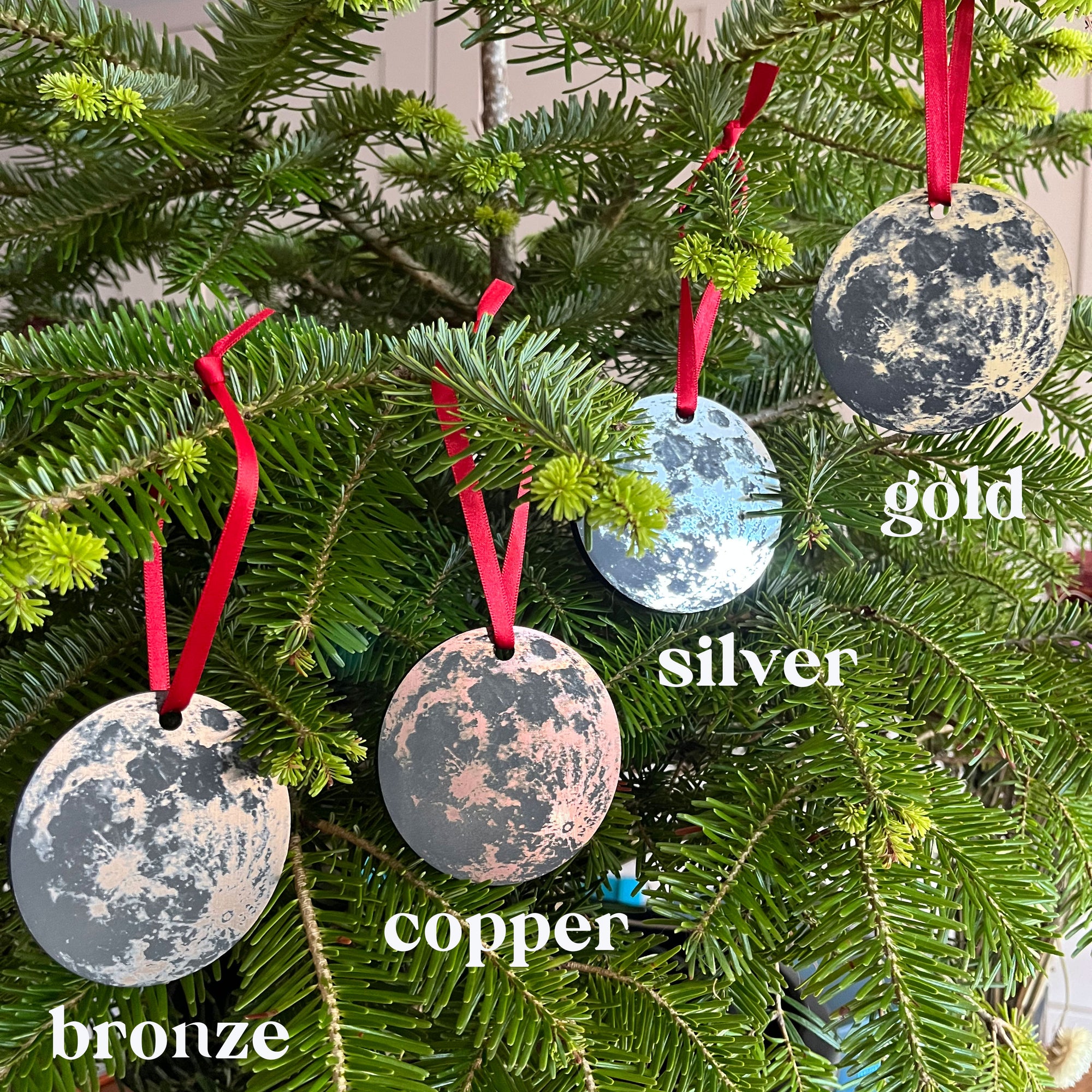 Custom engraved moon bauble in silver, gold, copper, or bronze.