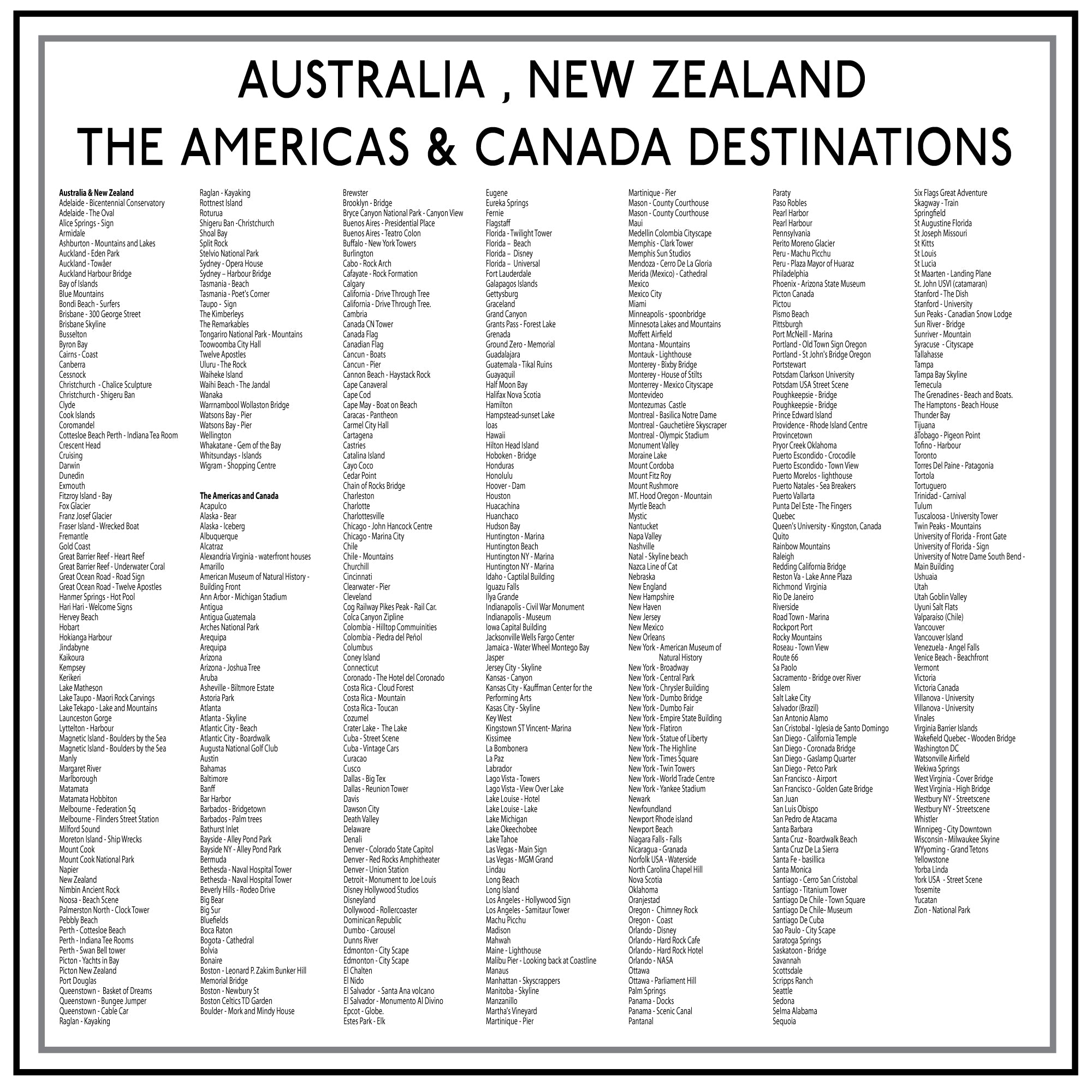 Image showing list of Australia, New Zealand, The Americas & Canada Destinations