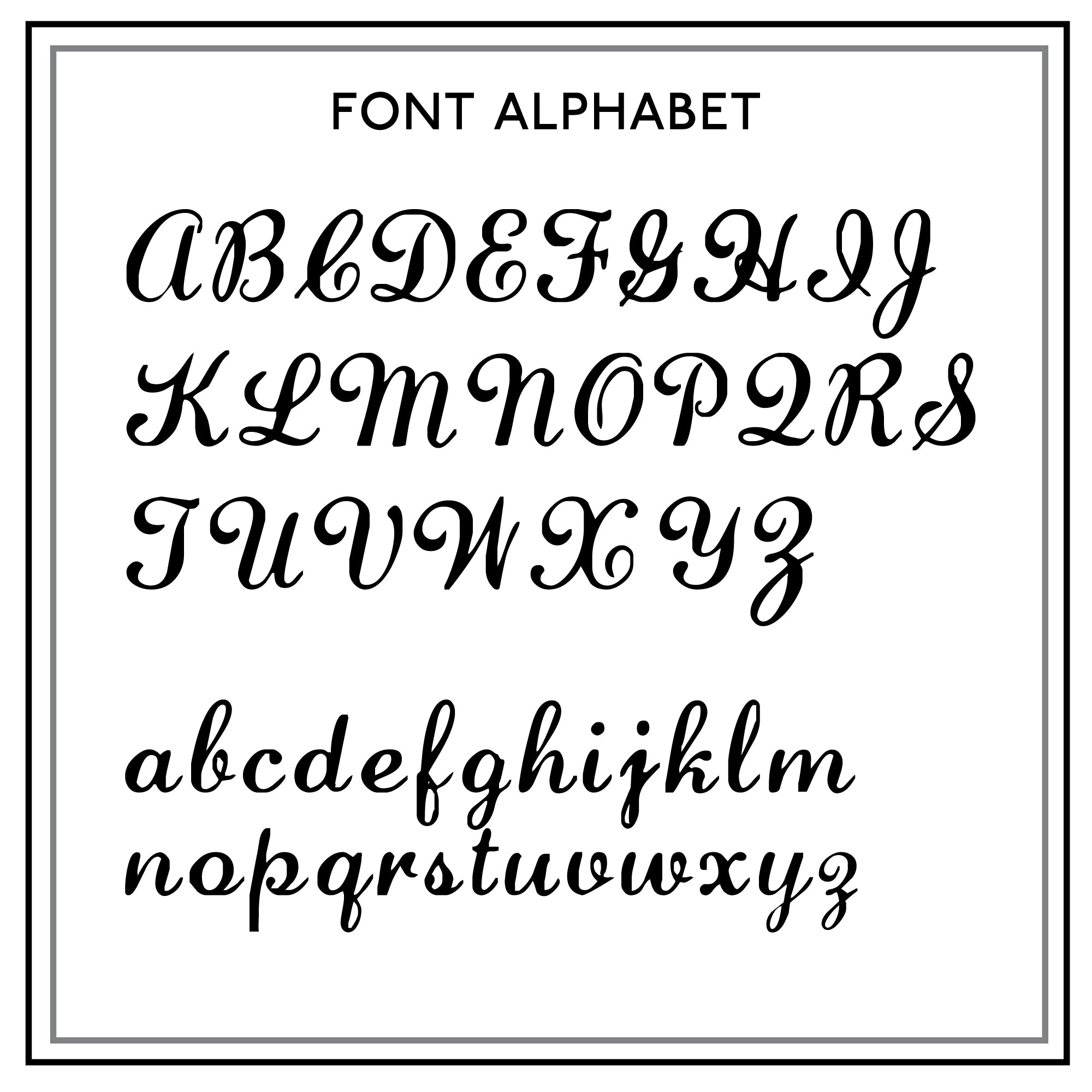 A font swatch for the vegan leather card holder showing every letter of the alphabet in both upper and lower case.