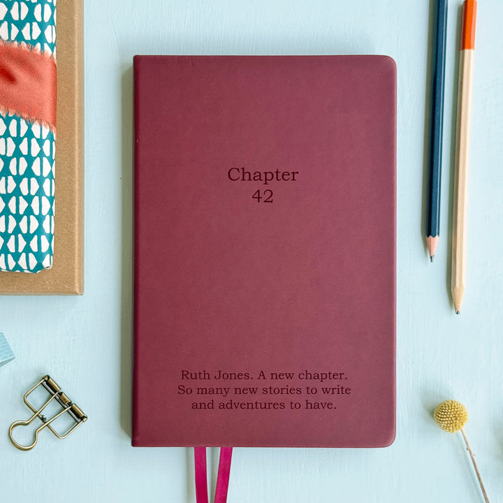 Burgundy 42nd birthday notebook with text on a light blue background with decorative elements, gift for daughter, organisational notepad tools for office.