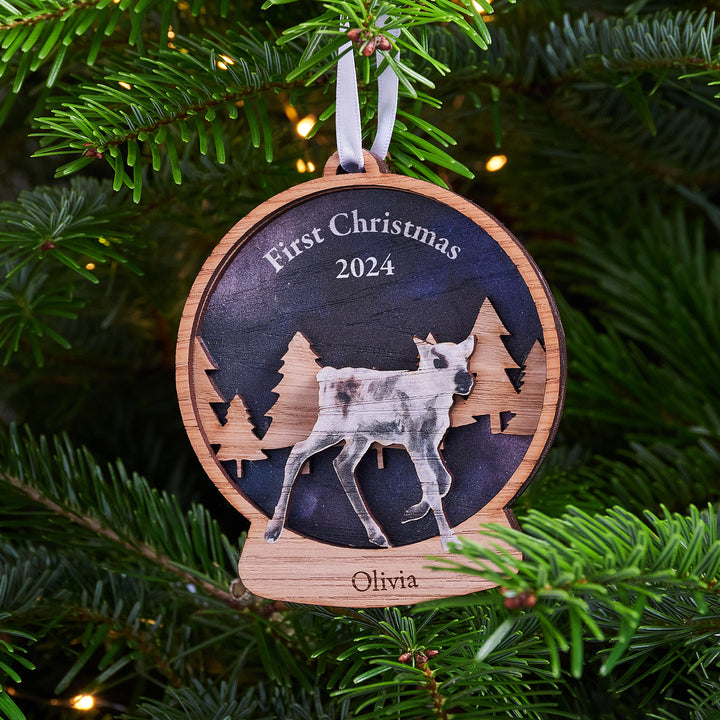 Custom engraved reindeer calf Christmas ornament with Northern Lights.
