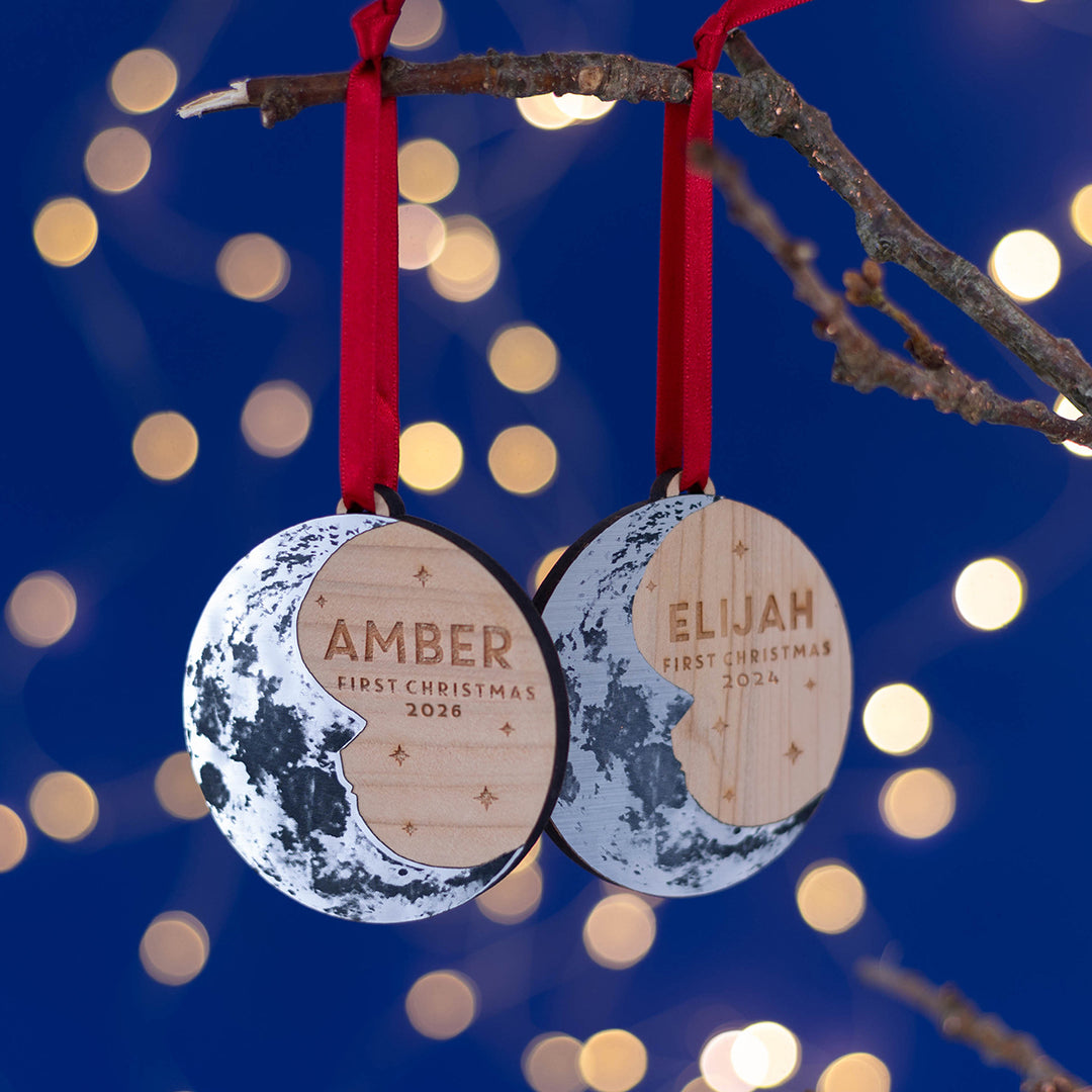 Wooden Baby’s First Christmas decoration, unique personalised gifts.