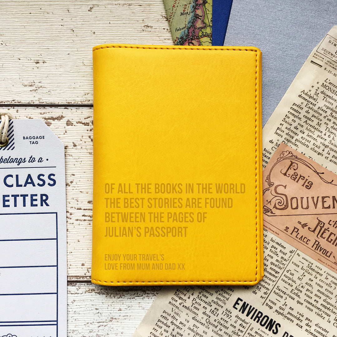 Vegan leather passport holder with personalised laser engraving on the cover