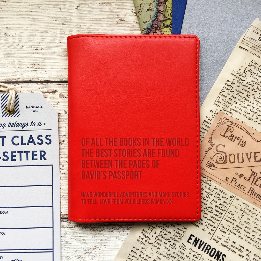 Vegan leather passport holder with personalised laser engraving on the cover