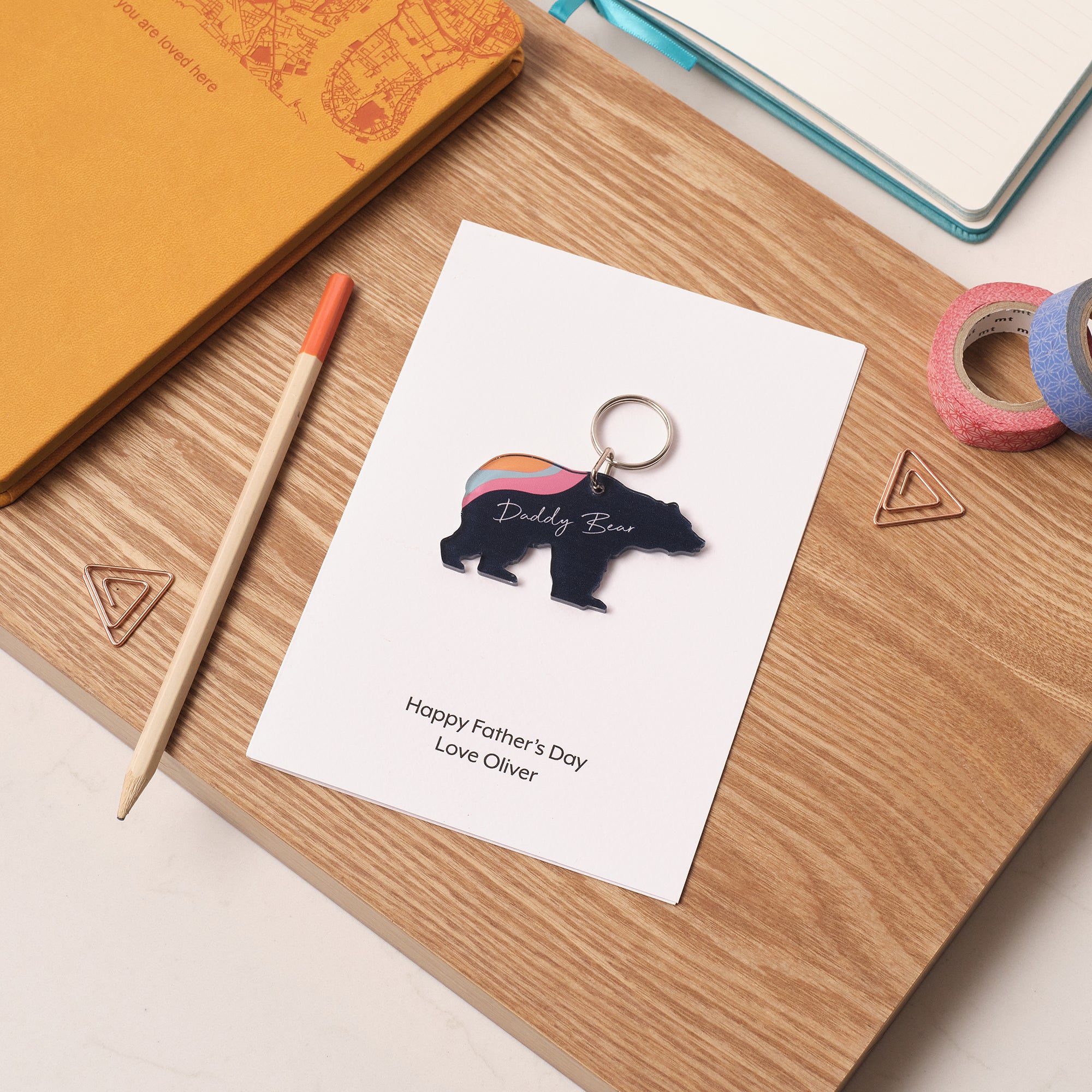 Thoughtful first Father’s Day gift – aurora bear keyring with personalised card, perfect for new dads.