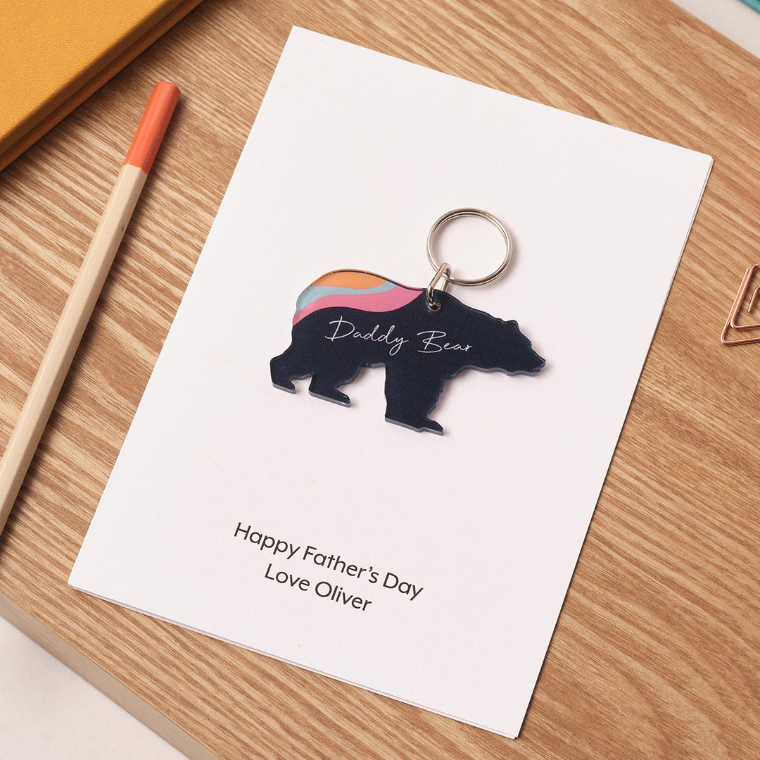 Personalised bear keyring gift for Father’s Day, displayed on custom printed card with message from child to dad.
