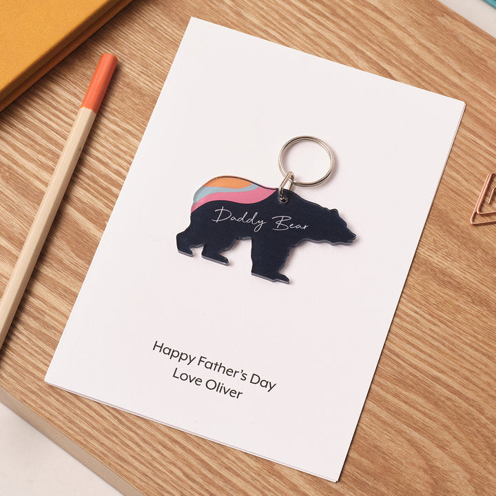 Personalised bear keyring gift for Father’s Day, displayed on custom printed card with message from child to dad.