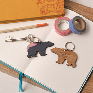 Father’s Day keyring with aurora-inspired design, shaped like a bear and shown on customisable greeting card.