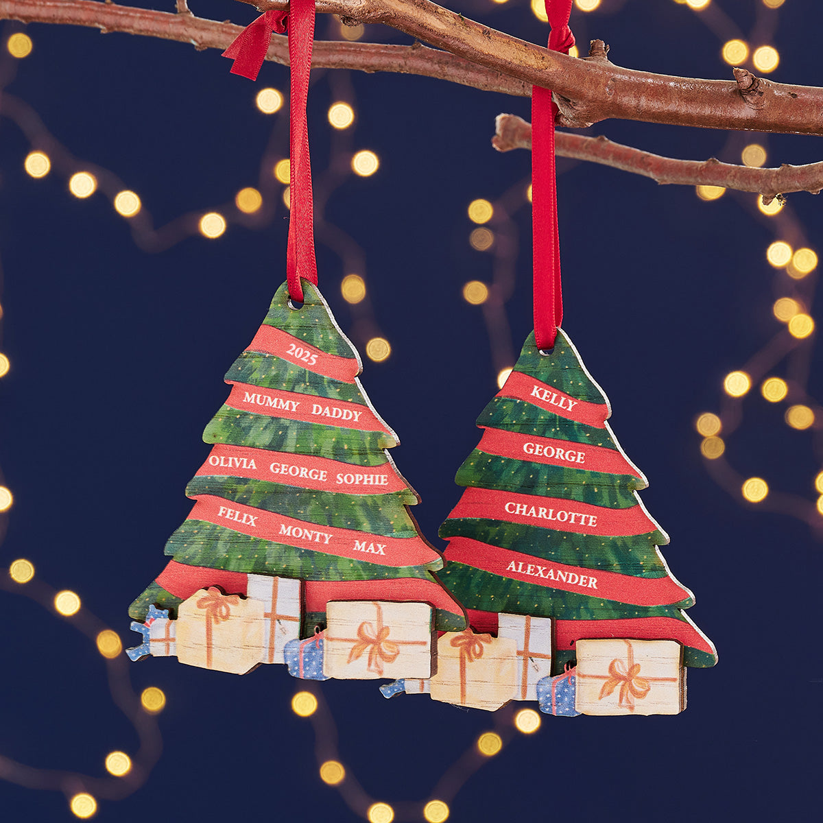 Personalised wooden Christmas tree bauble with hand-painted design and engraved family names