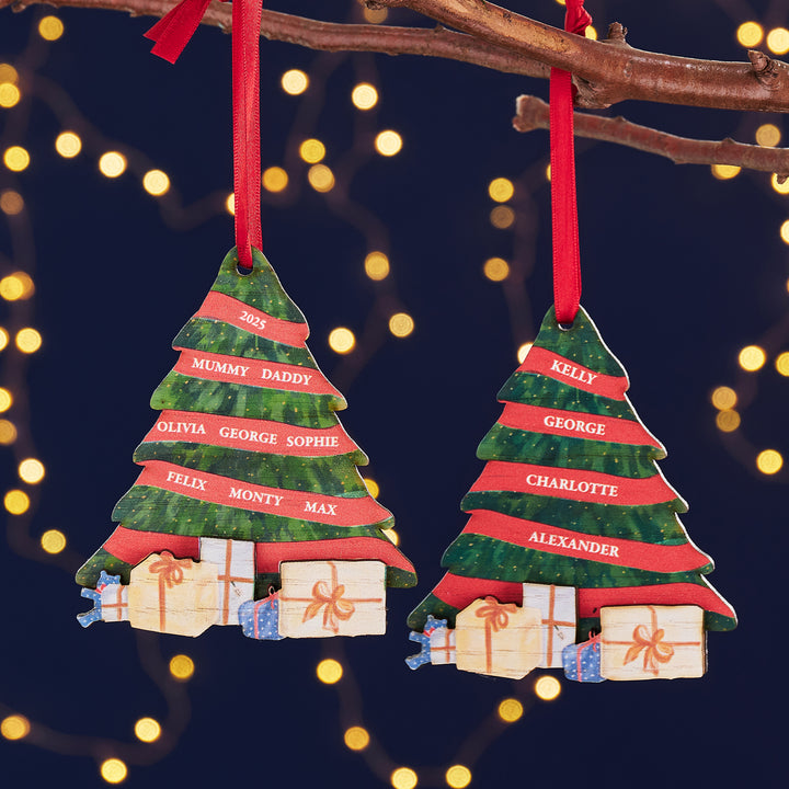 Rustic wooden Christmas bauble personalised with engraved names for parents, children, and pets
