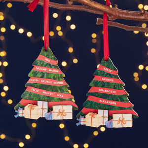 Rustic wooden Christmas bauble personalised with engraved names for parents, children, and pets