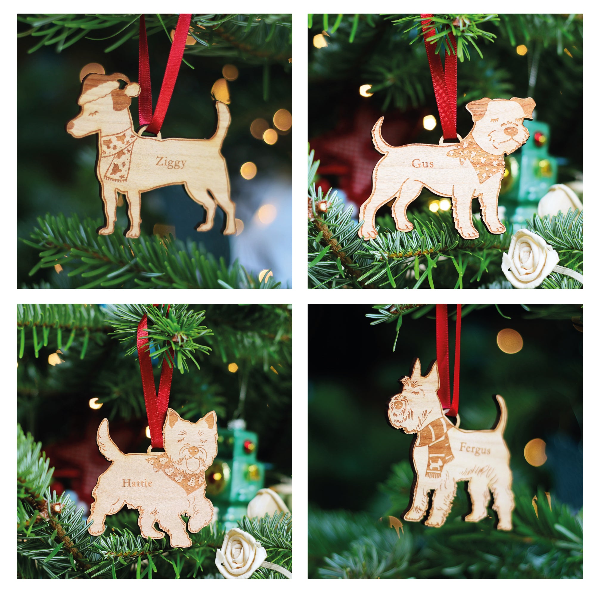 Four dog-shaped wooden Christmas tree ornaments hanging on a tree with personalised names engraved. Many dog breed gift options available, for your Dog Walker, Pet Sitter, Small or Big Dog lover.